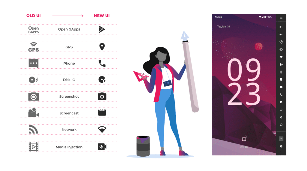 Illustration for the graphical user interface changes between previous versions of Genymotion Desktop and the new 3.10 release.