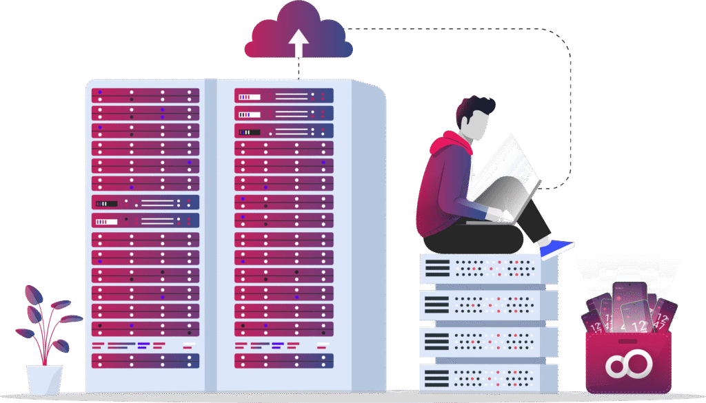 Illustration showing a single user connected to a local server hosting Genymotion self-hosted.