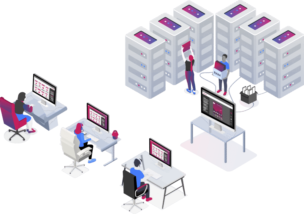 Illustration showing local servers running Genymotion, and several workstations connected to them.