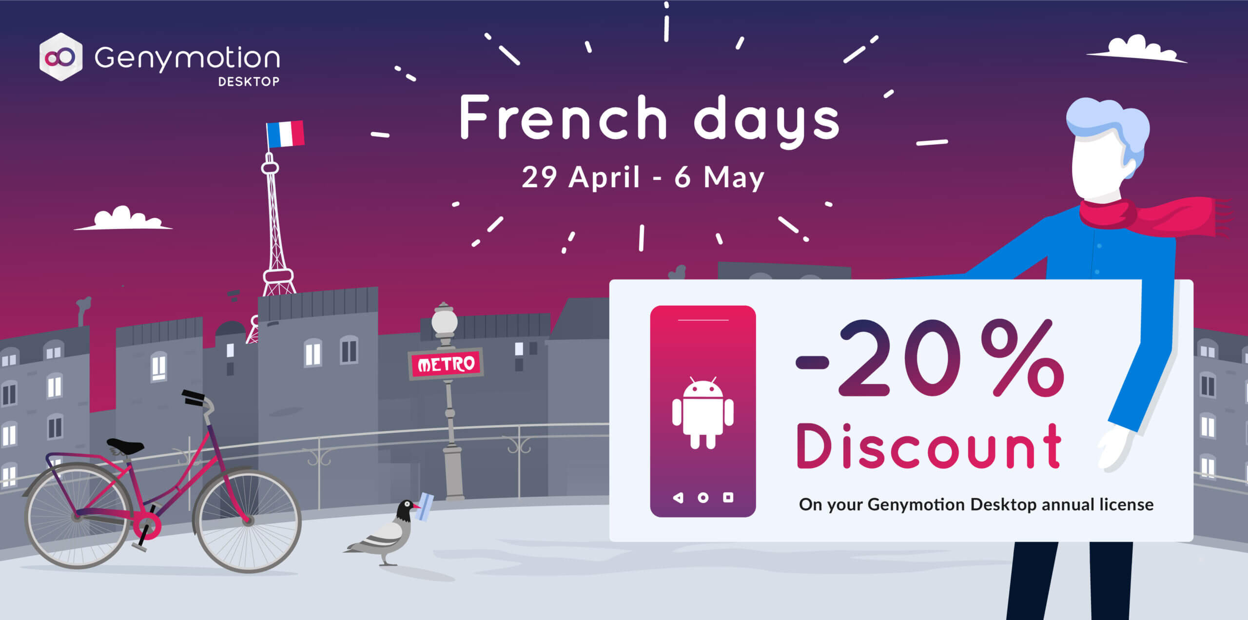 Illustration for 2026 French Days 20% discount on Genymotion Desktop annual licenses.
