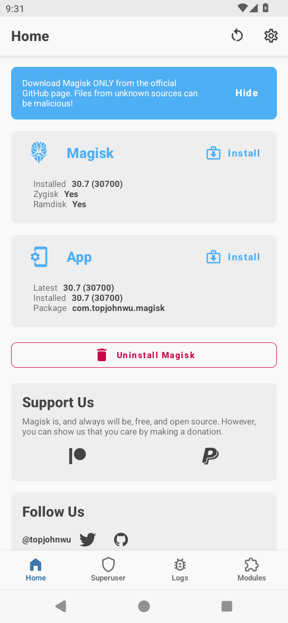 Screenshot showing Magisk running in Genymotion after successful installation.